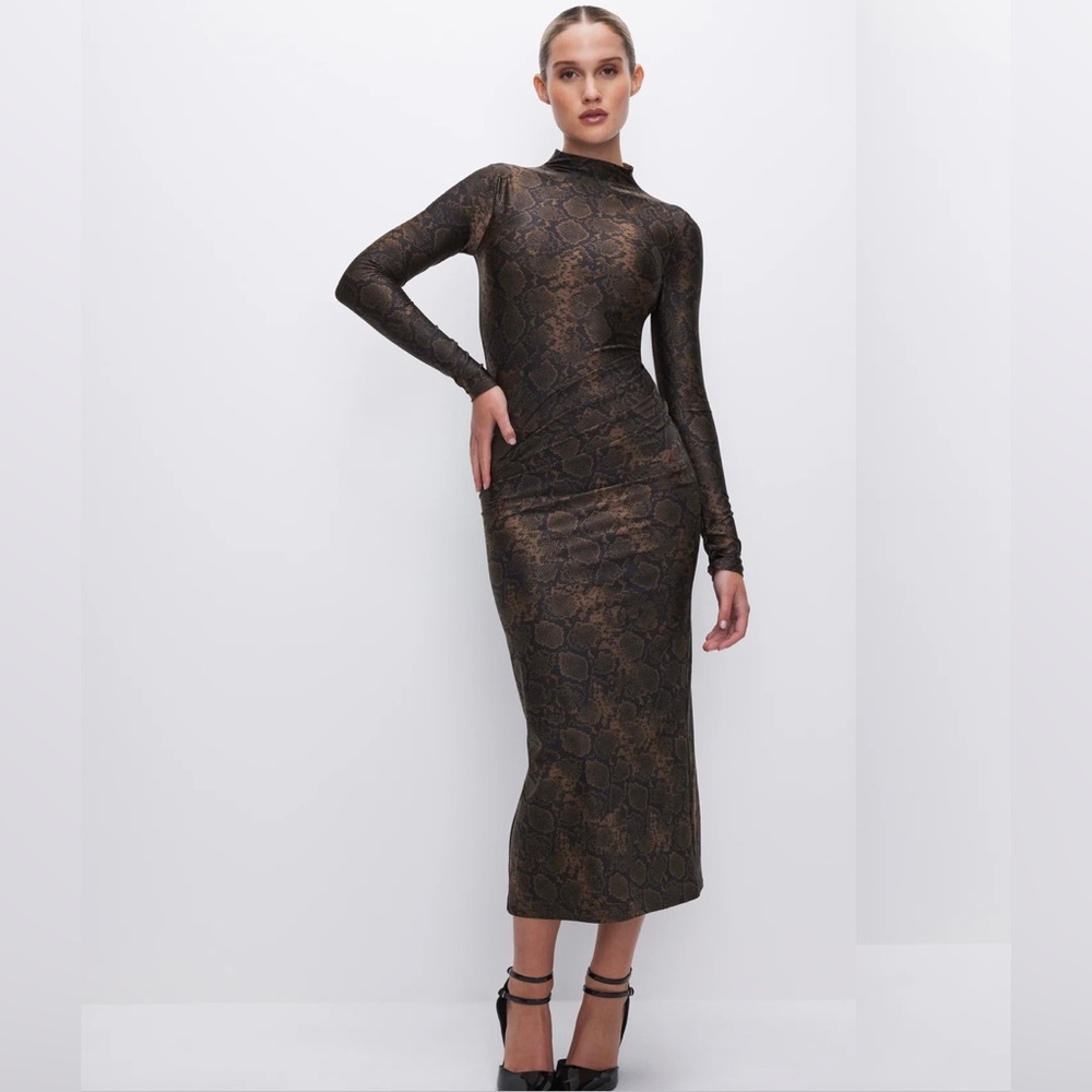 Satin Midi Dress Mocha Python
